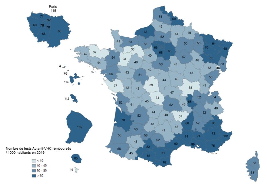 Activité de dépistage des Ac anti-VHC (tests / 1 000 habitants), par département, France, 2019 (tous régimes)